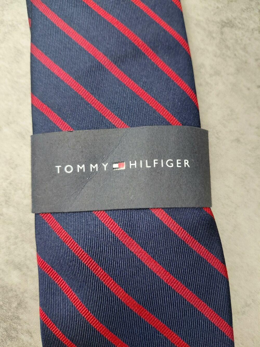 NWT Tommy Hilfiger 100% Silk Men's Tie - Navy & Red Classic Regimental Stripes